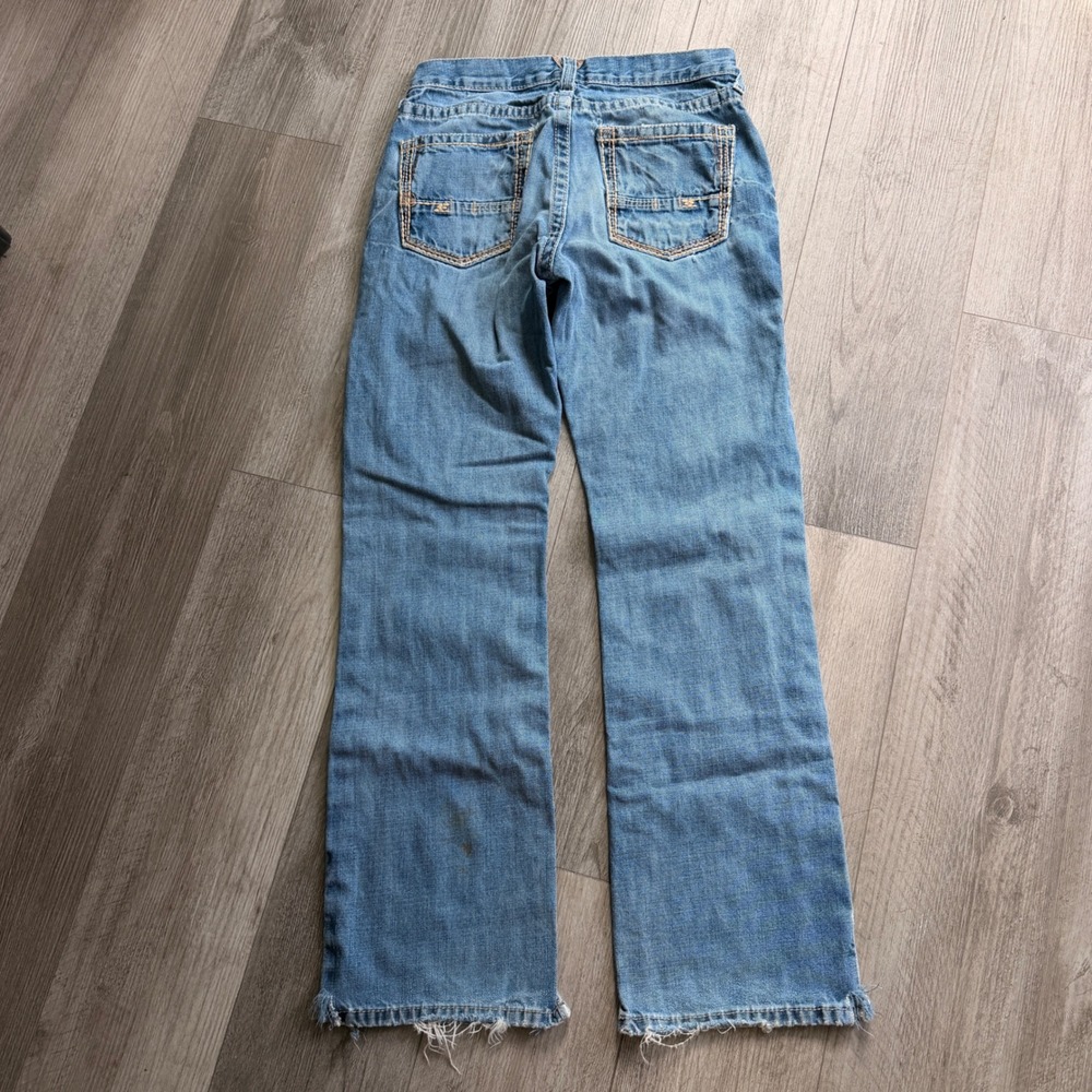 Ariat Mens 30x32 Light Wash Distressed Bootcut Jeans Frayed Hem Pocket Stitch